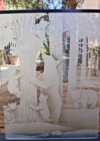 Window featuring Frosted Glass Design Etched Glass by Sans Soucie Art Glass with Custom Wildlife Design Bear Family Fun