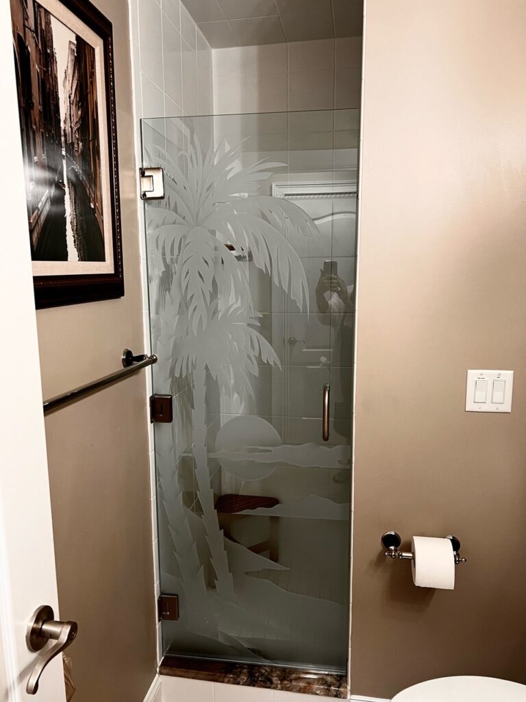 frosted glass shower door palm sunset sans soucie