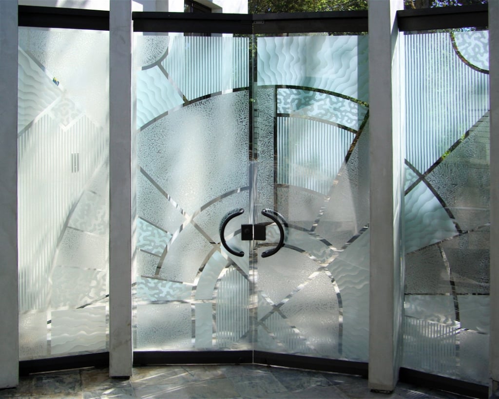 frameless glass entry door frosted glass door matrix arcs sans soucie design mid century modern decor style