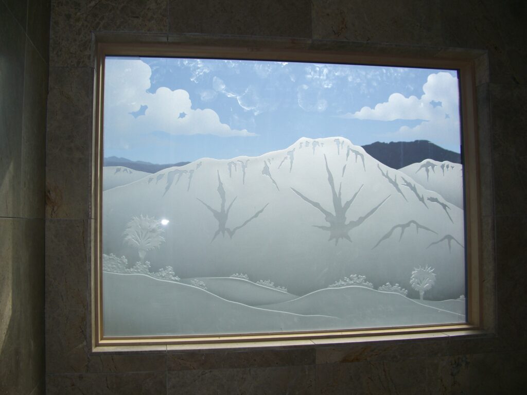 frosted glass window mountain design sans soucie art glass