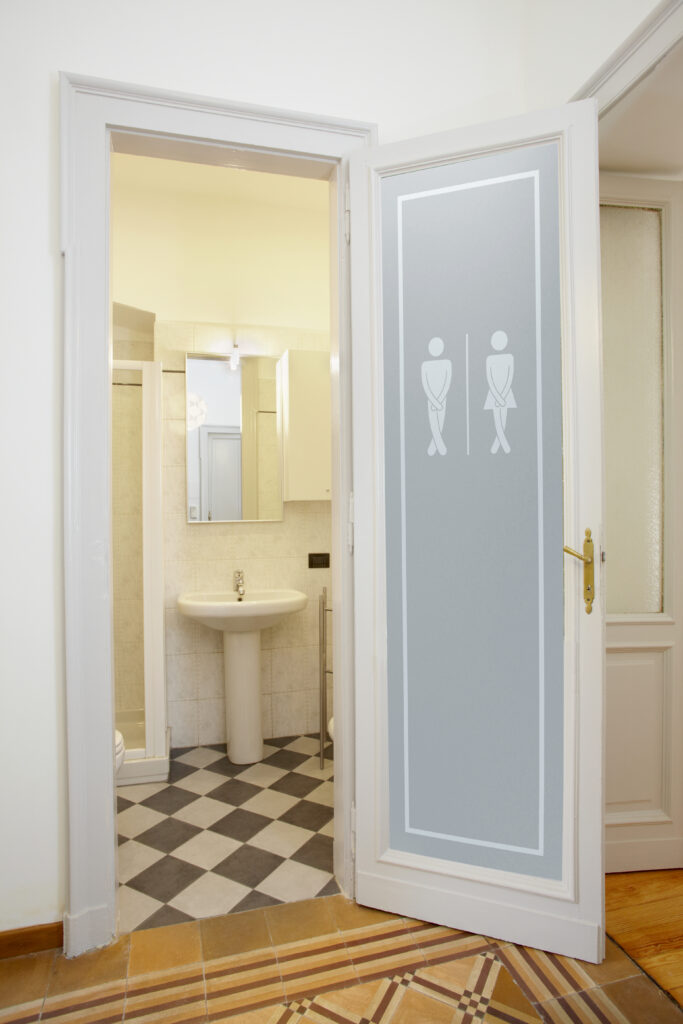 Frosted Glass Bathroom Door with decorative etched glass art boy and girl graphic design etched for privacy