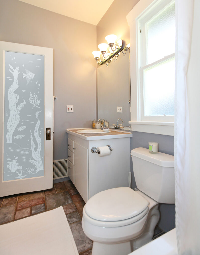 Frosted Glass Bathroom Door with oceanic style design tropical fish seaweed coral starfish with bubbles for privacy