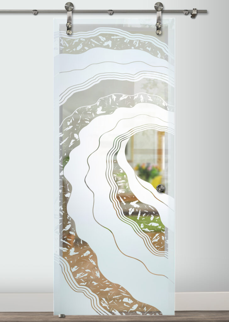 Sliding Etched Glass Barn Door is Not Private. This an Ocean Wave design done on clear glass.