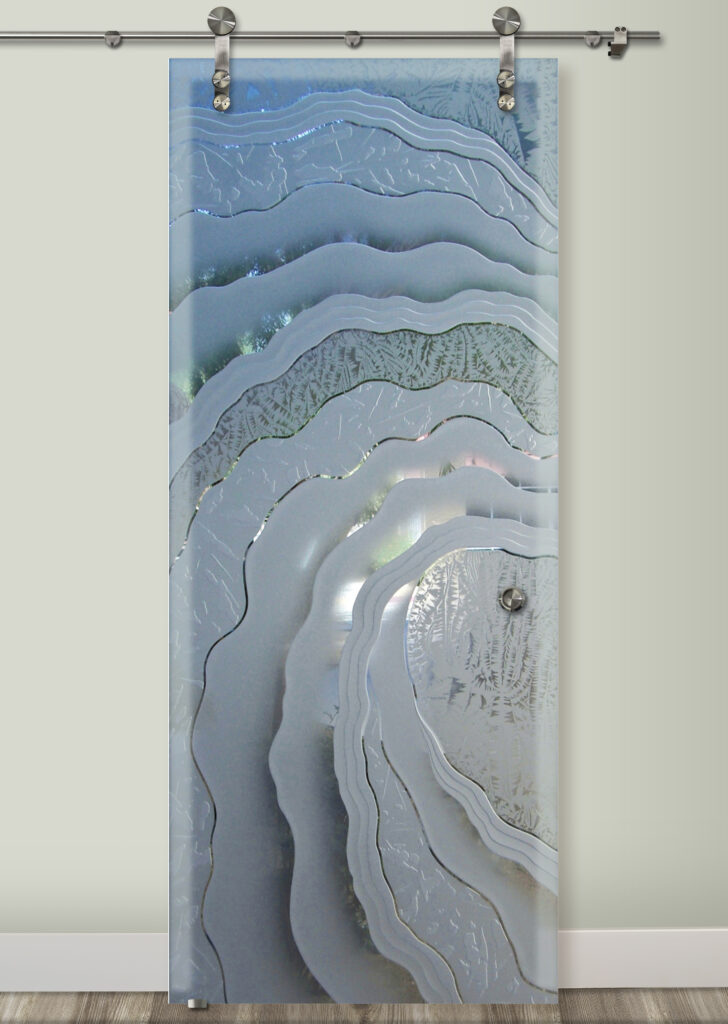 Sliding Etched Glass Barn Door is Semi-Private. This an Ocean Wave design.