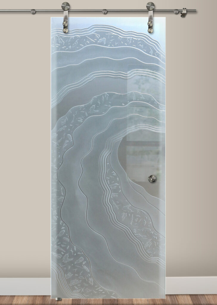 Sliding Etched Glass Barn Door is Private. This an Ocean Wave design.