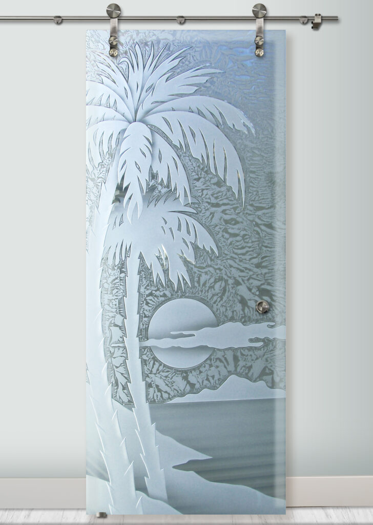 Sliding Etched Glass Barn Door. Tropical Palm Tree Design. Frosted Glass Door.