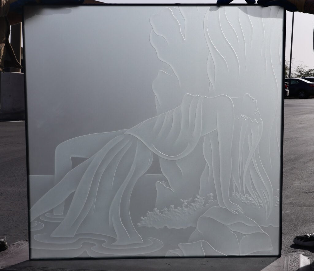 frosted glass ecstasy design sandblast carved glass for privacy sans soucie lady in waterfall