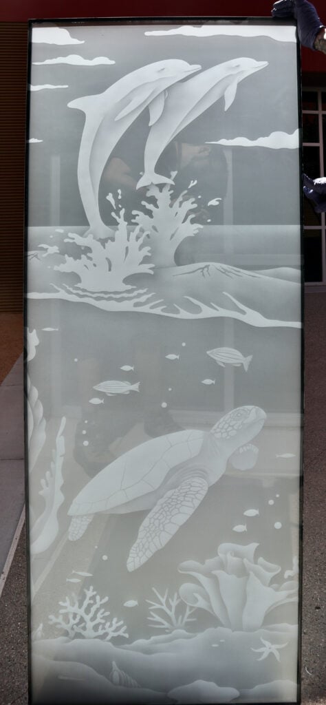 frosted glass dolphins sea turtle and coral etched glass art sandblast carved glass for privacy sans soucie