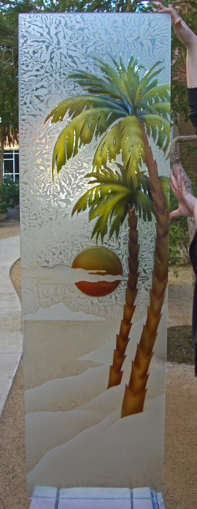 palm sunset sandblast gluechip glass 3D Enhanced Painted Glass effect on gluechip glass by sans soucie
