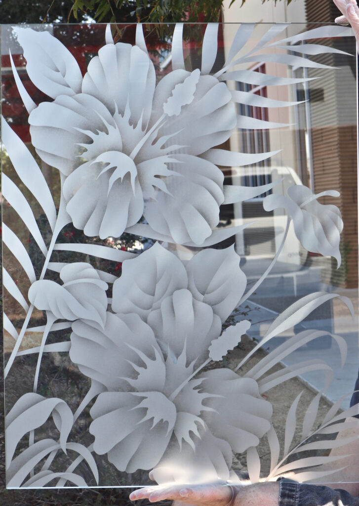 2D Effect clear glass hibiscus anthurium frosted glass window sans soucie
