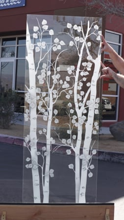 Shower Door featuring a Frosted Glass Tree Design Sandblast Etched Glass Birch Design by Sans Soucie