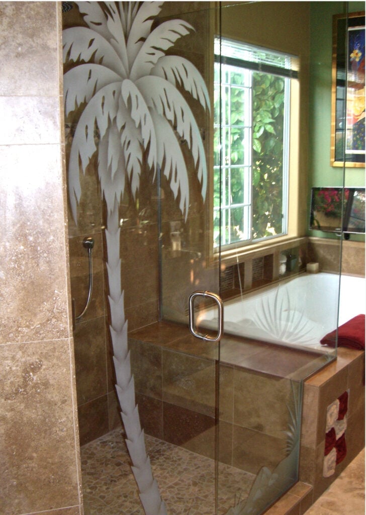 2D semi-private clear glass shower enclosure frosted date palm tree design Sans Soucie 
