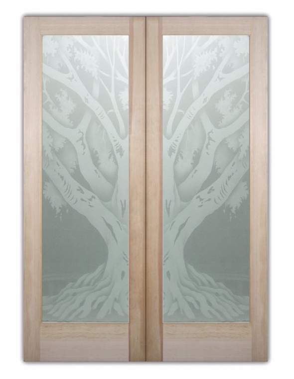 2D Private Frosted Glass interior double door pair oak tree design Sans Soucie 