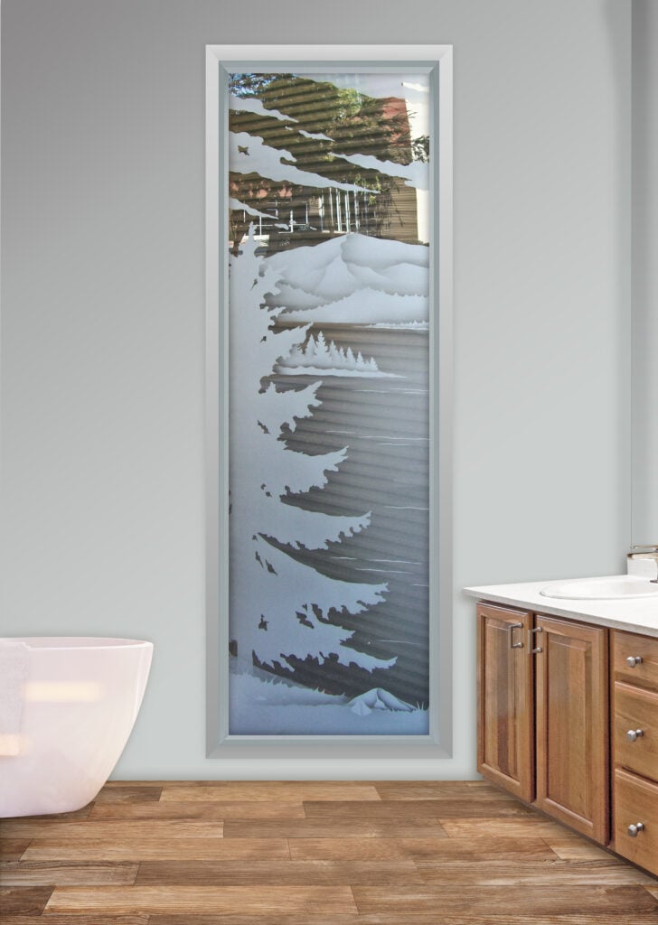 2D Semi-Private Clear Glass window lake arrowhead frosted tree design Sans Soucie 
