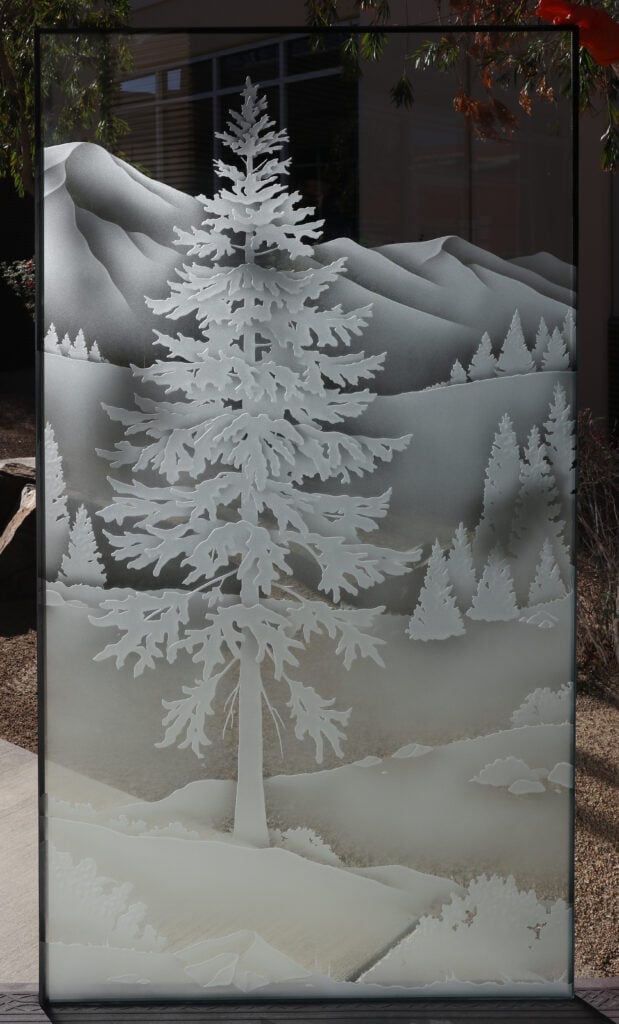 3D Enhanced Semi-Priavte Clear Glass window frosted Oregon tree mountains design Sans Soucie 