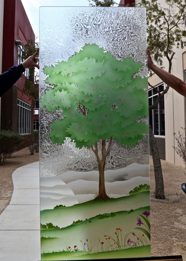 3D Enhanced Painted Semi-Private
Glue-Chip Glass window seasons spring tree design Sans Soucie 