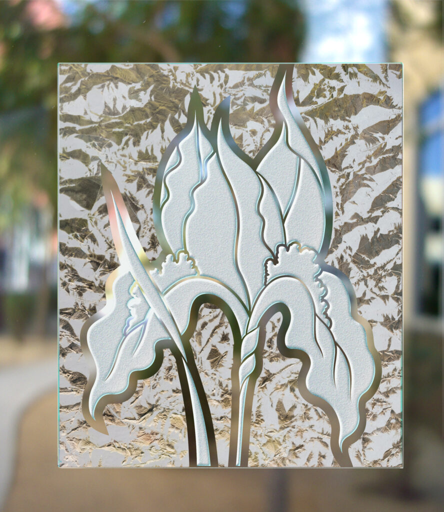 3D carved painted frosted gluechip glass finish not private iris design Sans Soucie 
