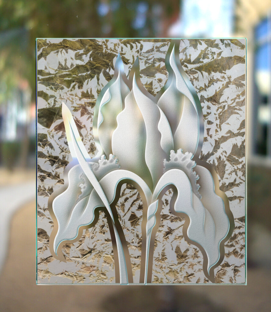 3D enhanced carved frosted gluechip glass finish not private iris design Sans Soucie 
