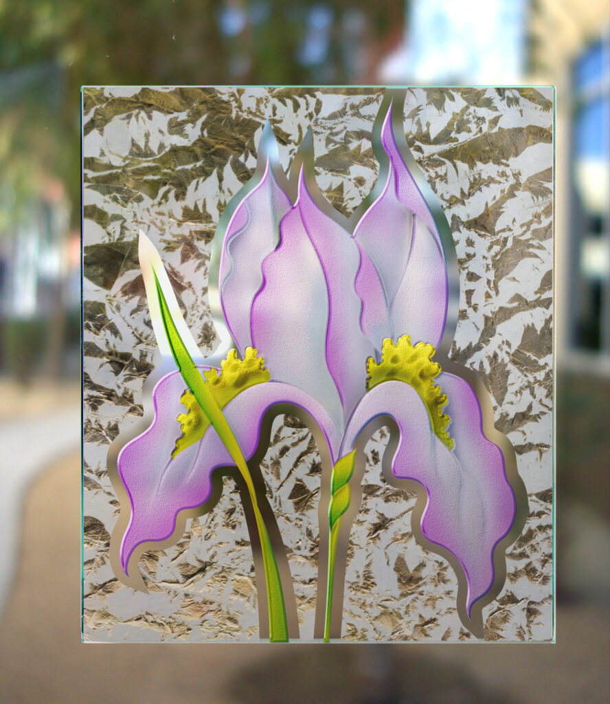 3D enhanced carved painted frosted gluechip glass finish not private iris design Sans Soucie 