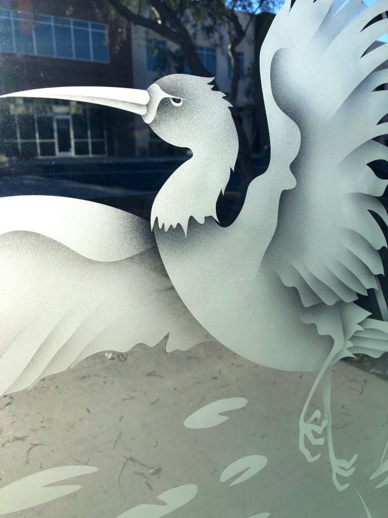 frosted glass egret with wings spread by sans soucie art glass 2D sandblast effect