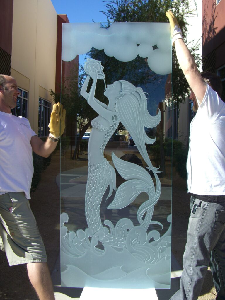 frosted glass mermaid sandblast carved glass sans soucie