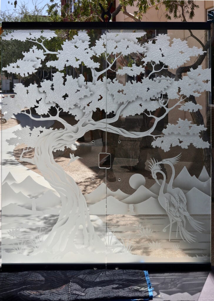 3D enhanced painted effect clear glass finish background Bonsai Cranes & Cattails frosted glass frameless doors sans soucie
