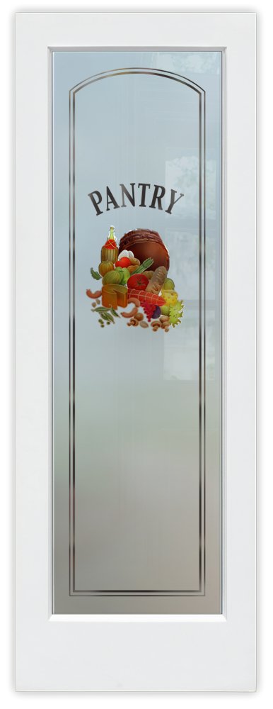 White painted pantry door with frosted glass “Pantry” lettering and painted food basket design