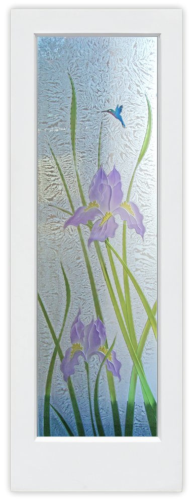 frosted glass door painted glass iris flowers with hummingbird and green reeds sans soucie