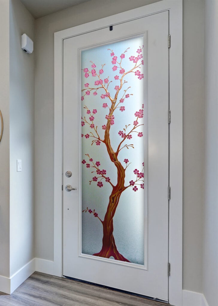 Delicate Cherry Blossom Private 3D Enhanced Painted Frosted Glass Finish Interior Glass Doors Sans Soucie 
