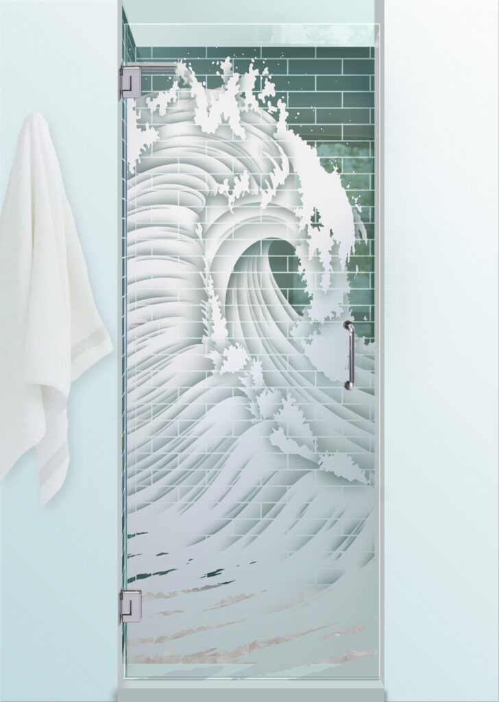wave Semi-Private 2D Effect Clear Glass Finish hinge frameless frosted glass shower door sans soucie