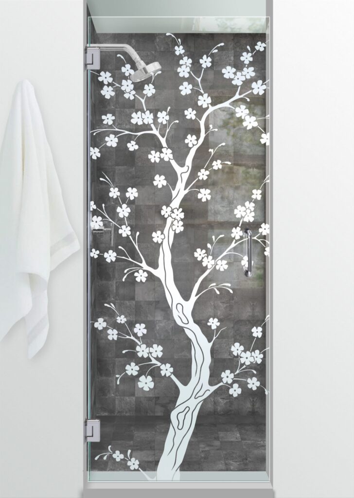 Delicate Cherry Blossom Not  Private 1D Positive Effect  Clear Glass Finish  hinge frameless frosted glass shower door sans soucie