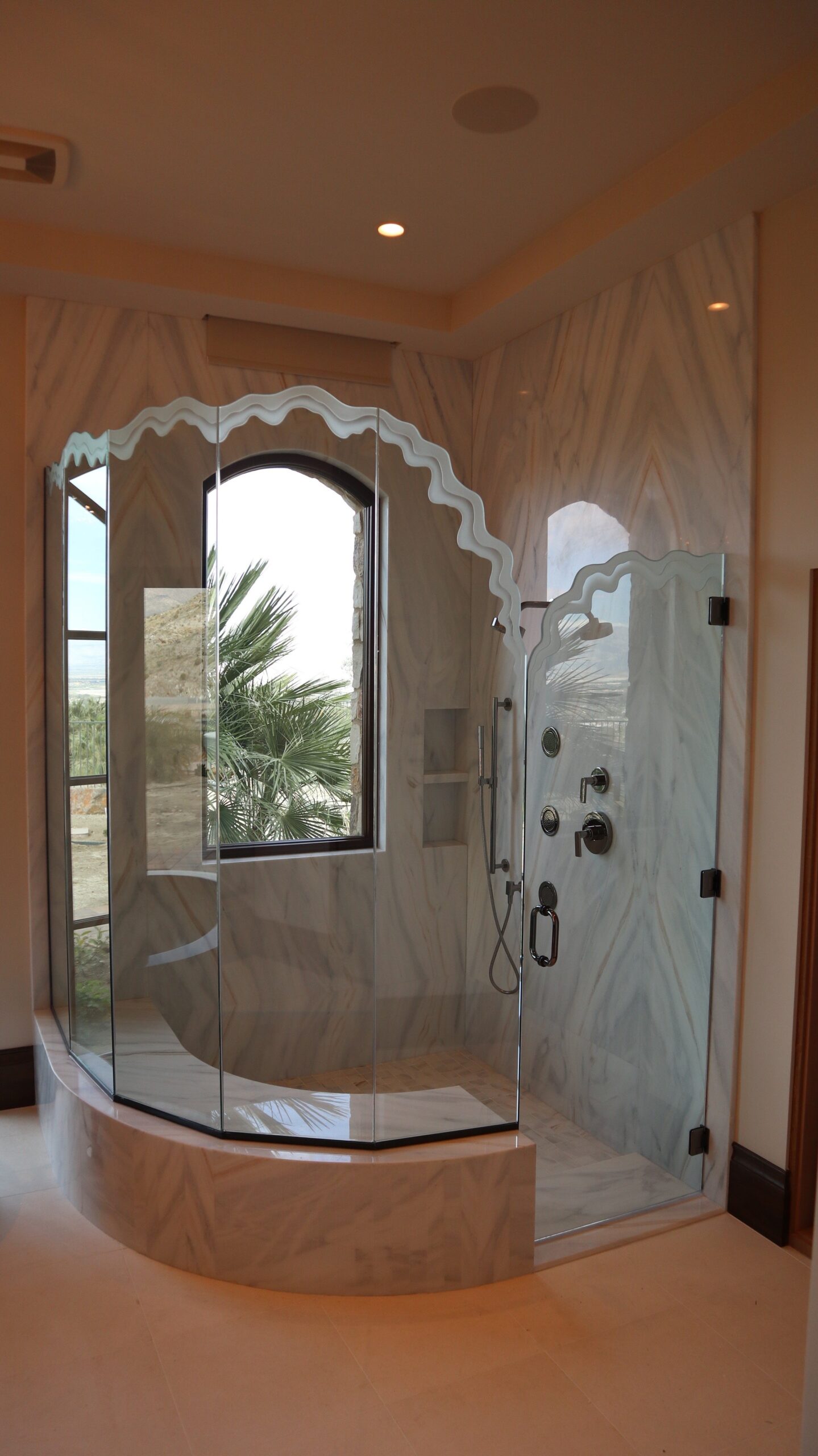Frosted glass panels with shoreline waves design by Sans Soucie Art Glass