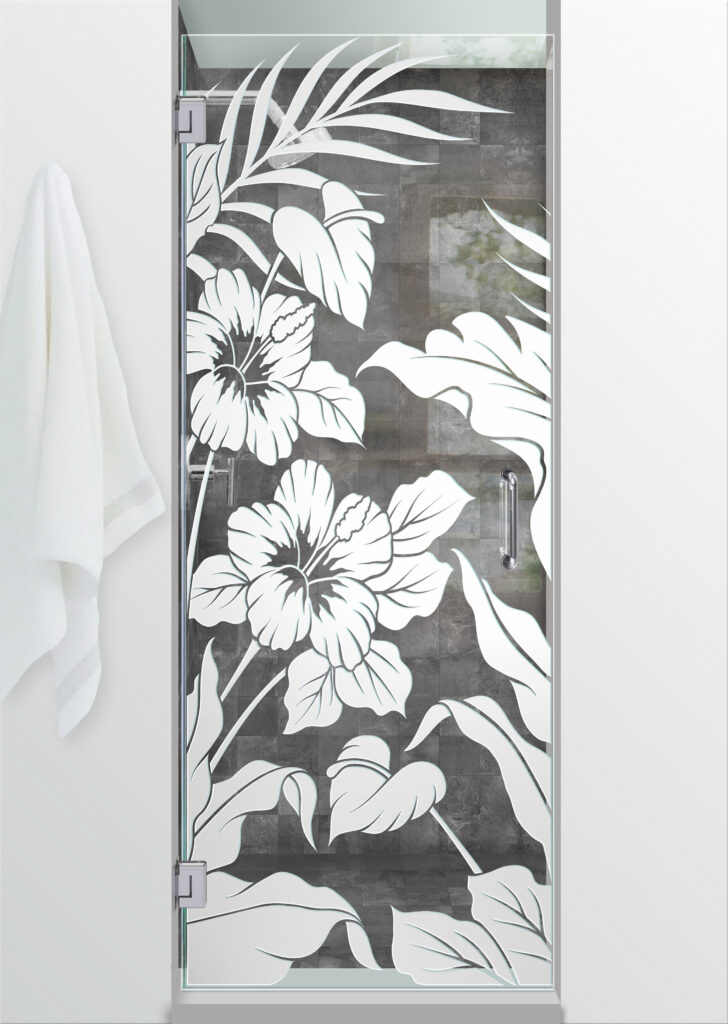 Hibiscus Anthurium Not Private 3D Effect Clear Glass Finish hinge frameless frosted glass shower door sans soucie