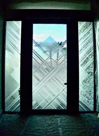 Window with a Frosted Glass Cardinal Geometric Design for Semi-Private by Sans Soucie Art Glass
