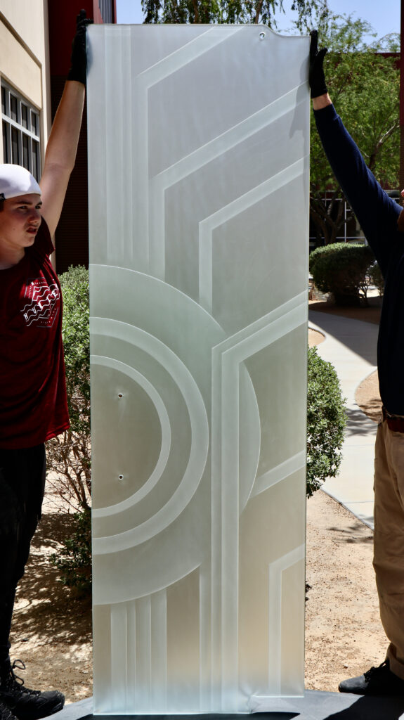 Premium frosted glass panel with geometric Art Deco-inspired carving, featuring durable handcrafted detailing and a distinctive custom luxury appearance