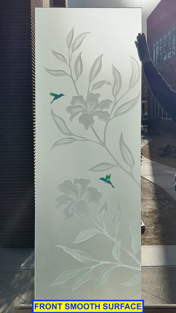 Painted etched glass panel with Hibiscus Hummingbirds design