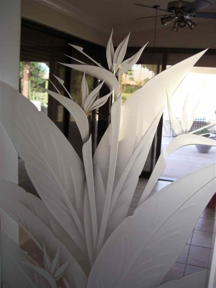 3D enhanced effect clear glass finish background birds of paradise frosted glass door insert sans soucie