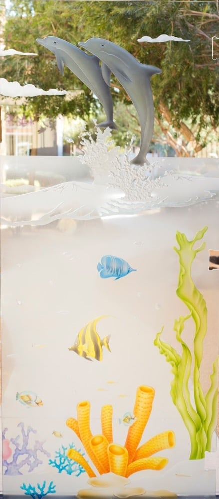 3D enhanced effect clear glass finish background ocean scene dolphin fish  frosted glass door insert sans soucie