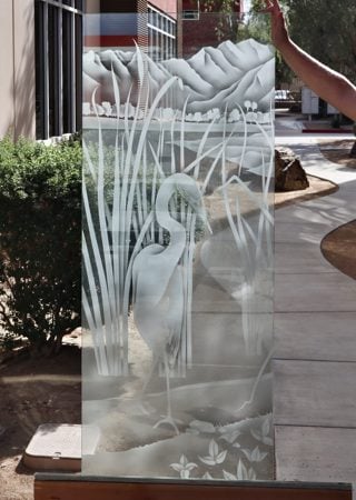 Partition featuring a Frosted Glass Wildlife Design Sandblast Etched Glass Shy Egret Design by Sans Soucie