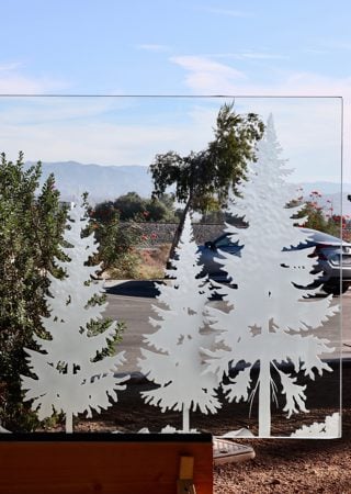 Partition featuring a Frosted Glass Tree Design Sandblast Etched Glass Pine Views Design by Sans Soucie