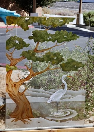 Partition featuring Frosted Glass Design Etched Glass by Sans Soucie Art Glass with Custom Asian Design Bonsai Egret II