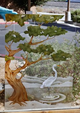 Handcrafted Etched Glass Divider by Sans Soucie Art Glass with Custom Asian Design Called Bonsai Egret II Creating Not Private