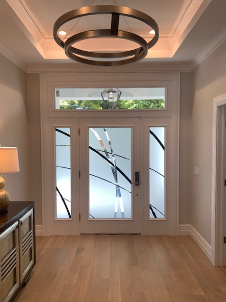 Arcos Semi-Private 1D negative 3D negative painted frosted glass front entry doors with side glass insert panels exterior doors modern style Sans Soucie