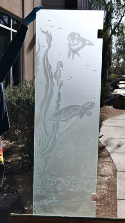 Shower Door with a Frosted Glass Aquarium Sea Life Wildlife Design for Private by Sans Soucie Art Glass
