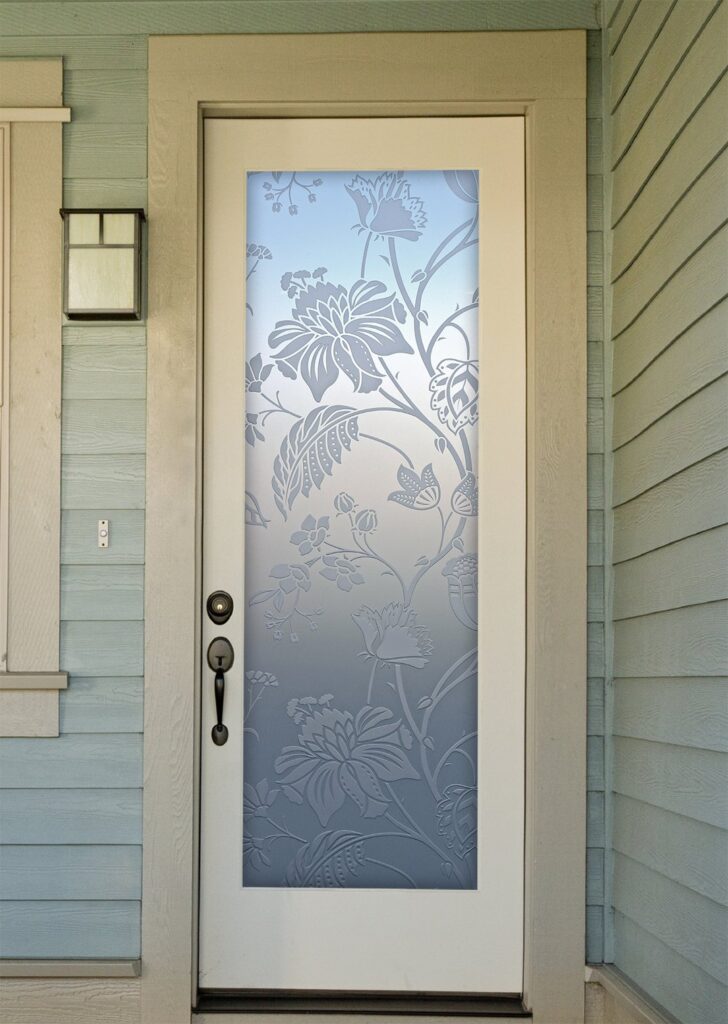 Floral Pattern Private 3D Effect 
Frosted Glass exterior front entry glass door modern farmhouse design sans soucie
