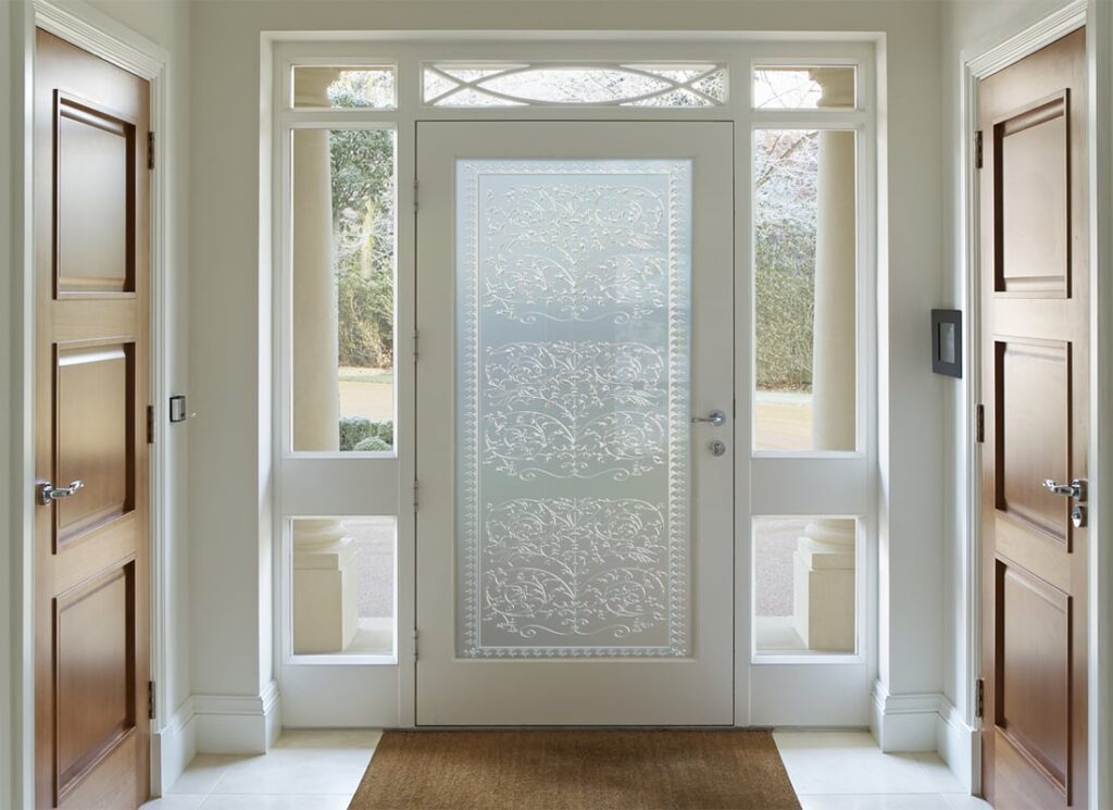 Victorian Lace Private 1D Effect 
Frosted Glass Finish exterior front entry glass door traditional design sans soucie