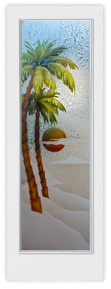 Palm Sunset Semi-Private 
3D Enhanced Painted Gluechip Glass Finish exterior front entry glass door tropical design sans soucie