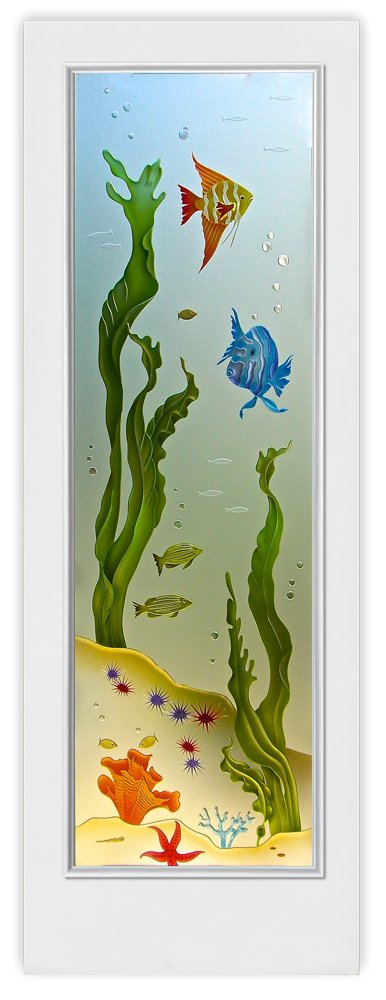 Aquarium Fish Private 3D Enhanced Painted Frosted Glass Finish exterior front entry glass door ocean design sans soucie