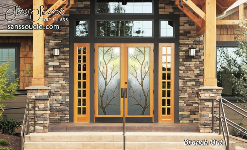 Branch Out 2 Semi-Private 3D Enhanced Painted Gluechip Glass Finish exterior front entry glass door pair tree design sans soucie