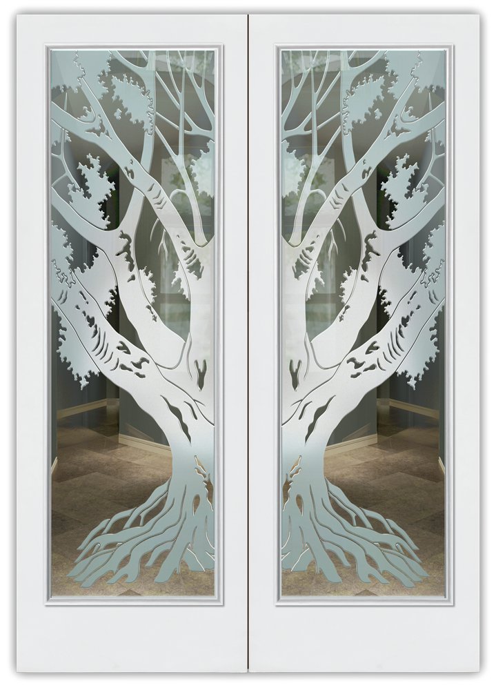 Oak Tree || Not Private 3D Effect 
Clear Glass Finish exterior front entry glass door pair tree design sans soucie